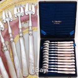 Antique French Sterling Silver 12pc Shellfish or Oyster Fork Set, Pearl Handles
