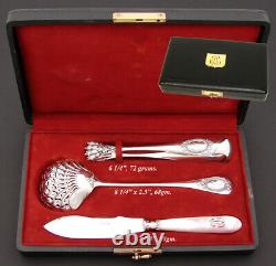 Antique French Sterling Silver 3pc Fruit Serving Set Sifter, Tongs, Pearl Knife