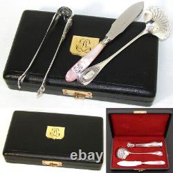 Antique French Sterling Silver 3pc Fruit Serving Set Sifter, Tongs, Pearl Knife