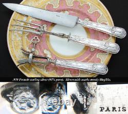 Antique French Sterling Silver 3pc Meat Carving Set, Art Nouveau Pattern, in Box