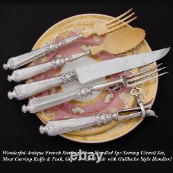 Antique French Sterling Silver 5pc Meat Carving & Salad Serving Set, Guilloche