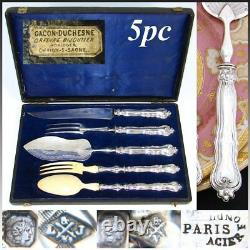 Antique French Sterling Silver 5pc Serving Implement Set Meat, Salad & Fish