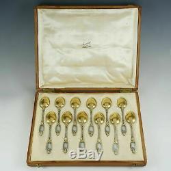 Antique French Sterling Silver Gold Vermeil 12 Teaspoons, Moka Coffee Tea Spoons