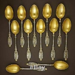 Antique French Sterling Silver Gold Vermeil 12 Teaspoons, Moka Coffee Tea Spoons