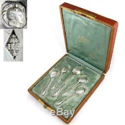 Antique French Sterling Silver Open Salt Cellar & Mustard Pot Spoons 5pc Set Box