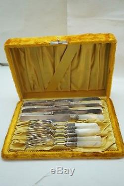 Antique Mother Of Pearl Flatware Sterling Silver Ferrules Knives Forks Set 12pc