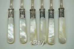 Antique Mother Of Pearl Flatware Sterling Silver Ferrules Knives Forks Set 12pc