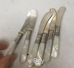 Antique Mother of Pearl Handled Small Sterling Silver Mounted Silverplate Knives