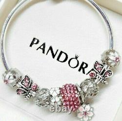 Authentic Pandora Sterling Silver Bracelet With Pink Heart European Charms Beads