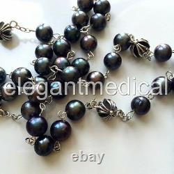 Black Tahitian Pearl Bali Sterling Silver Cross Beads Rosary box necklace Cross