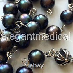 Black Tahitian Pearl Bali Sterling Silver Cross Beads Rosary box necklace Cross