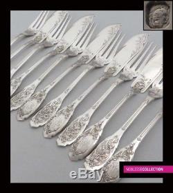 COMPERE ANTIQUE 1890s FRENCH STERLING SILVER FISH FLATWARE SET 12 pieces