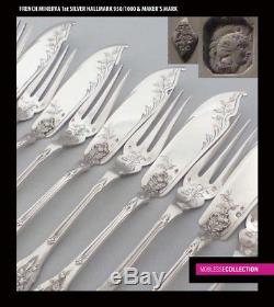 COMPERE ANTIQUE 1890s FRENCH STERLING SILVER FISH FLATWARE SET 12 pieces