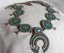 Ceremonial Zuni Indian Squash Blossom Necklace Turquoise And Sterling Silver