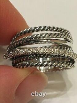 David Yurman Sterling Silver 925 Crossover Wide Cable Pave Diamond Ring Size 6