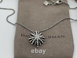 David Yurman Sterling Silver Small 16mm Starburst Diamond Pendant Necklace Pouch