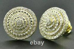 Diamond 3D Earrings Sterling Silver Yellow Finish Pave Circle Studs 1.00 Ct