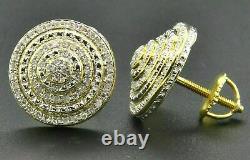 Diamond 3D Earrings Sterling Silver Yellow Finish Pave Circle Studs 1.00 Ct