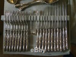 ENGLISH STERLING KINGS QUEENS PATTERN 1840s FLATWARE SET FOR 10 + SERVING -68PCS