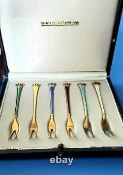 Ela Antique Forks Denmark 9255 Sterling Silver Set 6 Enameled, Button Box FLAW