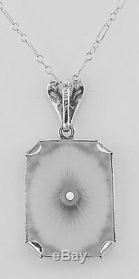 Frosted Crystal Camphor Glass Filigree Diamond Pendant Sterling Silver & Chain