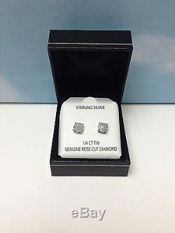 GENUINE 925 STERLING SILVER BEAUTIFUL DIAMOND STUD EARRINGS New with Gift Box $160