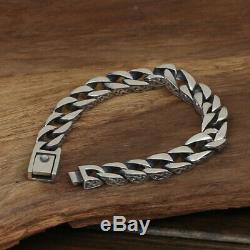 Heavy Men's Solid 925 Sterling Silver Bracelet Link Chain Loop Stripe Jewelry