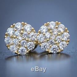 Hip Hop Round Mens 14K Gold 925 Sterling Silver Cluster Diamond Stud Earrings
