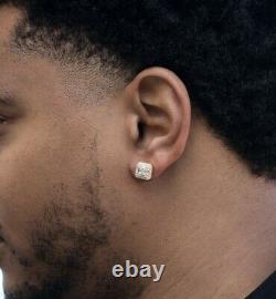 Hip Hop Square Iced Baguette Gold Screw Back Mens 925 Sterling Silver Earrings