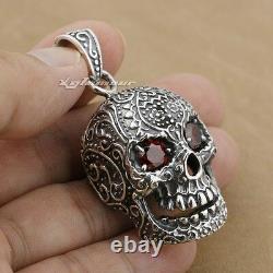 Huge Heavy Ruby Eyes Skull 925 Sterling Silver Mens Biker Pendant 9E007D JP