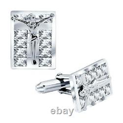 Jesus Real Solid Sterling Silver. 925 Cubic Zirconia Cufflinks w Gift Box