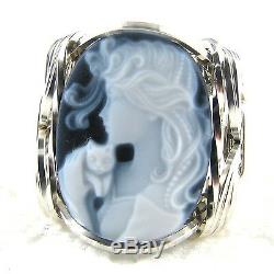 Lady Cat Black Agate Oval Stone Cameo Ring 925 Sterling Silver Jewelry Any Size