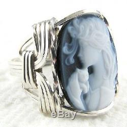 Lady Cat Black Agate Oval Stone Cameo Ring 925 Sterling Silver Jewelry Any Size