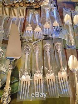 Large Wallace Grand Baroque Sterling Silver Flatware Old Set Servers Most New