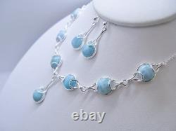 Larimar Necklace And Earrings Set. 10mm Cabochon. 925 Sterling Silver