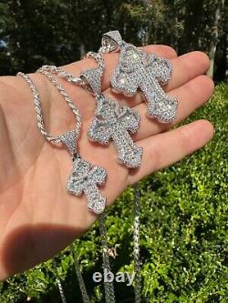 MOISSANITE Gothic Cross Pendant Iced Baguette Necklace Real 925 Silver 3 Sizes