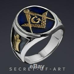 Masonic Blue Lodge Ring 925 Sterling Silver Ring with 24K Gold-Plated Parts