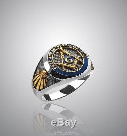 Masonic Ring Freemason F & AM Silver 925 Sterling with 24K-Gold-Plated Parts