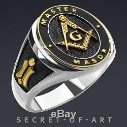 Masonic Ring Master Mason Silver 925 Sterling with 24K-Gold-Plated Parts