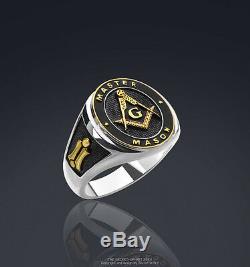Masonic Ring Master Mason Silver 925 Sterling with 24K-Gold-Plated Parts