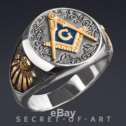 Masonic Ring Silver 925 Sterling with 24k-Gold-Plated Parts, Vintage Style