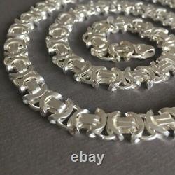 Men King Flat Byzantine Chain Necklaces 925 Sterling Silver 55GR 26Inch Handmade