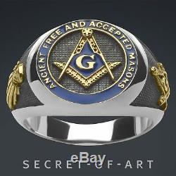 Men Masonic Ring AF & AM Freemason Silver 925 Sterling 24K-Gold Plated Parts