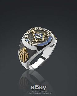 Men Masonic Ring AF & AM Freemason Silver 925 Sterling 24K-Gold Plated Parts
