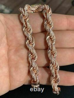 Men's 10mm Rope Bracelet Rose Gold & Real Solid 925 Sterling Silver 20ct Diamond