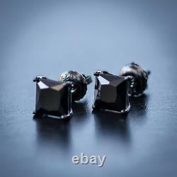 Men's Black Onyx Black Diamond Sterling Silver Solitaire Cut Stud Earrings
