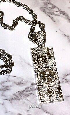 Men's Italy 925 Sterling Silver 14k Stamp Dollar Bill Pendant Rope Chain 24