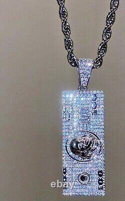 Men's Italy 925 Sterling Silver 14k Stamp Dollar Bill Pendant Rope Chain 24