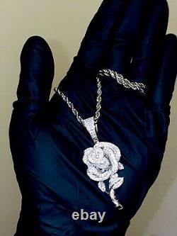 Men's Italy 925 Sterling Silver 14k Stamp Rose Pendant Rope Chain 24 ICY