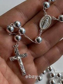 Men's Large Rosary Beads Necklace Solid 925 Sterling Silver Rosario ITALY 8mm